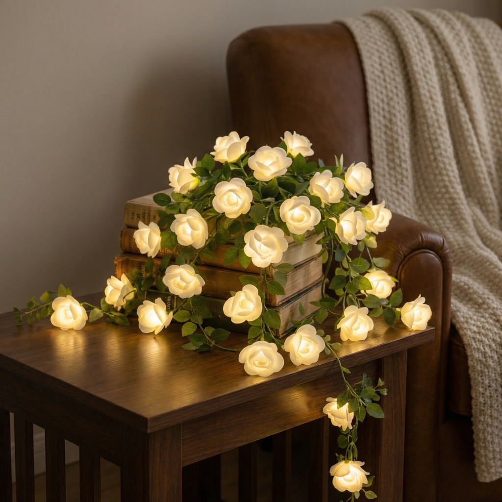 White Rose Vine String Lights with Remote – Cozy Home Decor & Mother’s Day Gift