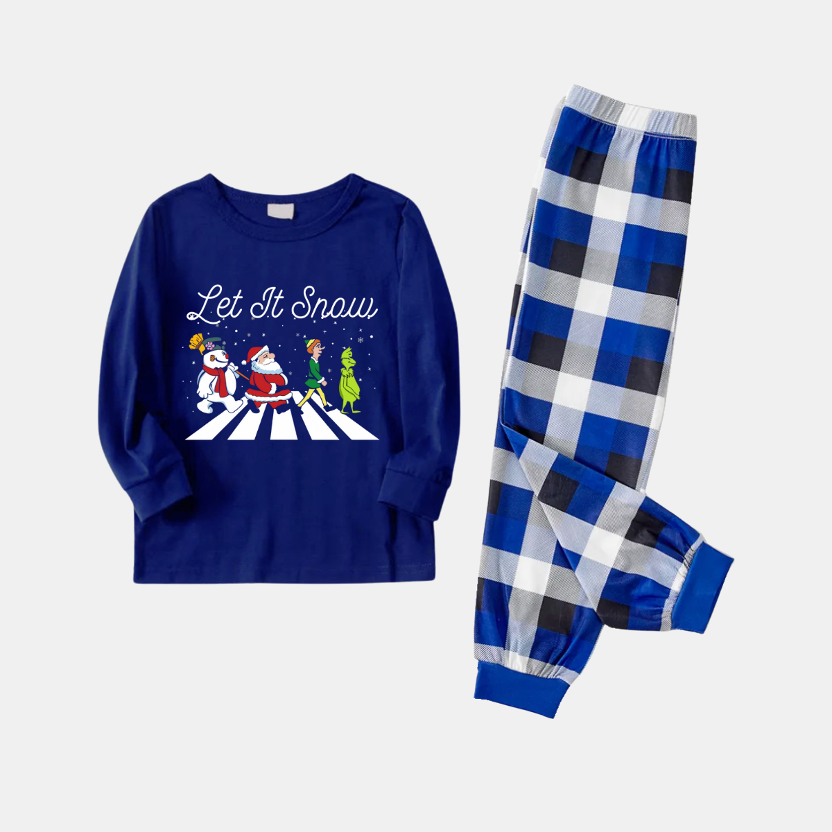 Couple Navy & White Plaid Pajamas Set with Santa Claus and Cartoon Pattern Print