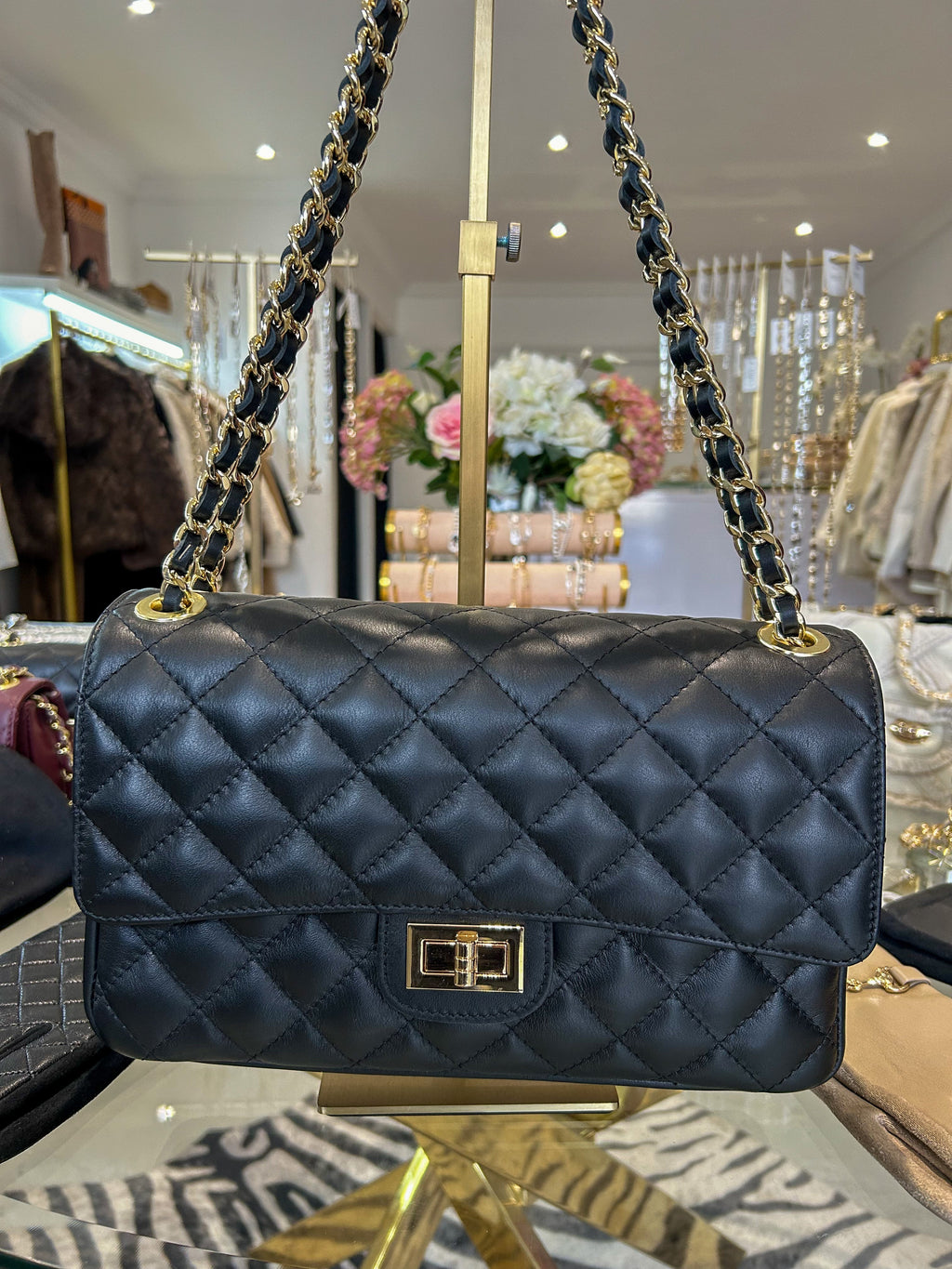 Large Genuine Leather Quilted Turn Lock Chain Handle Handbag (8 Colours)