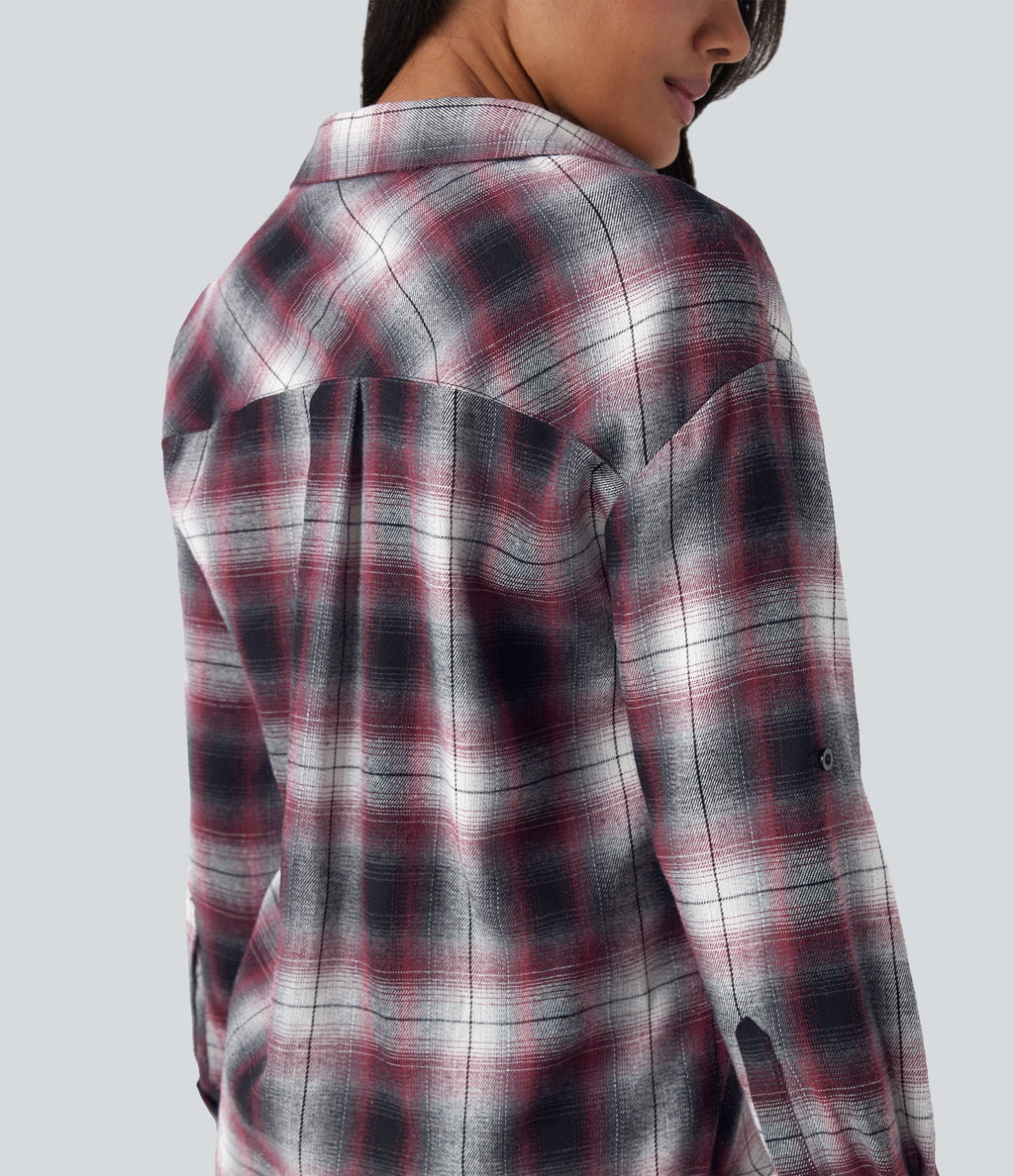 V Neck Curved Hem Plaid Casual Blouse