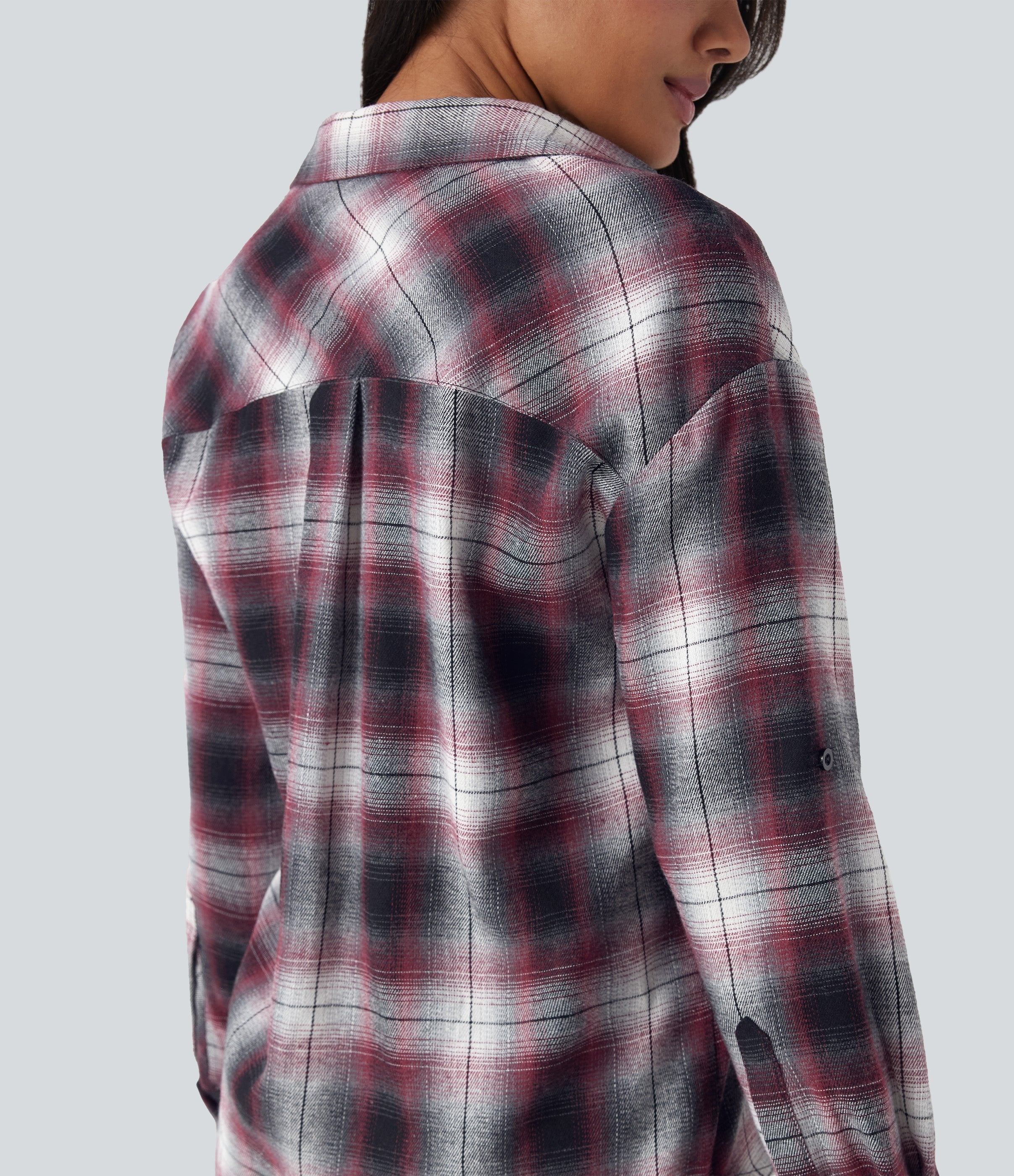 V Neck Curved Hem Plaid Casual Blouse