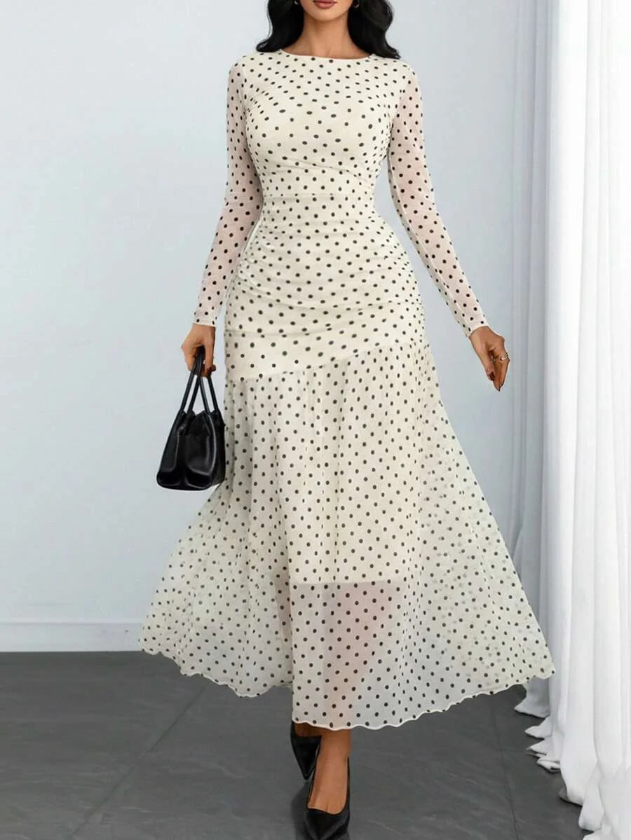 Women's Gothic Sexy Elegant Modern Contrast Stripe Asymmetrical Ruffle Waist Double-Layer Mesh Long Sleeve Dress, Suitable For Dates, Vacations And Daily Commute Spring