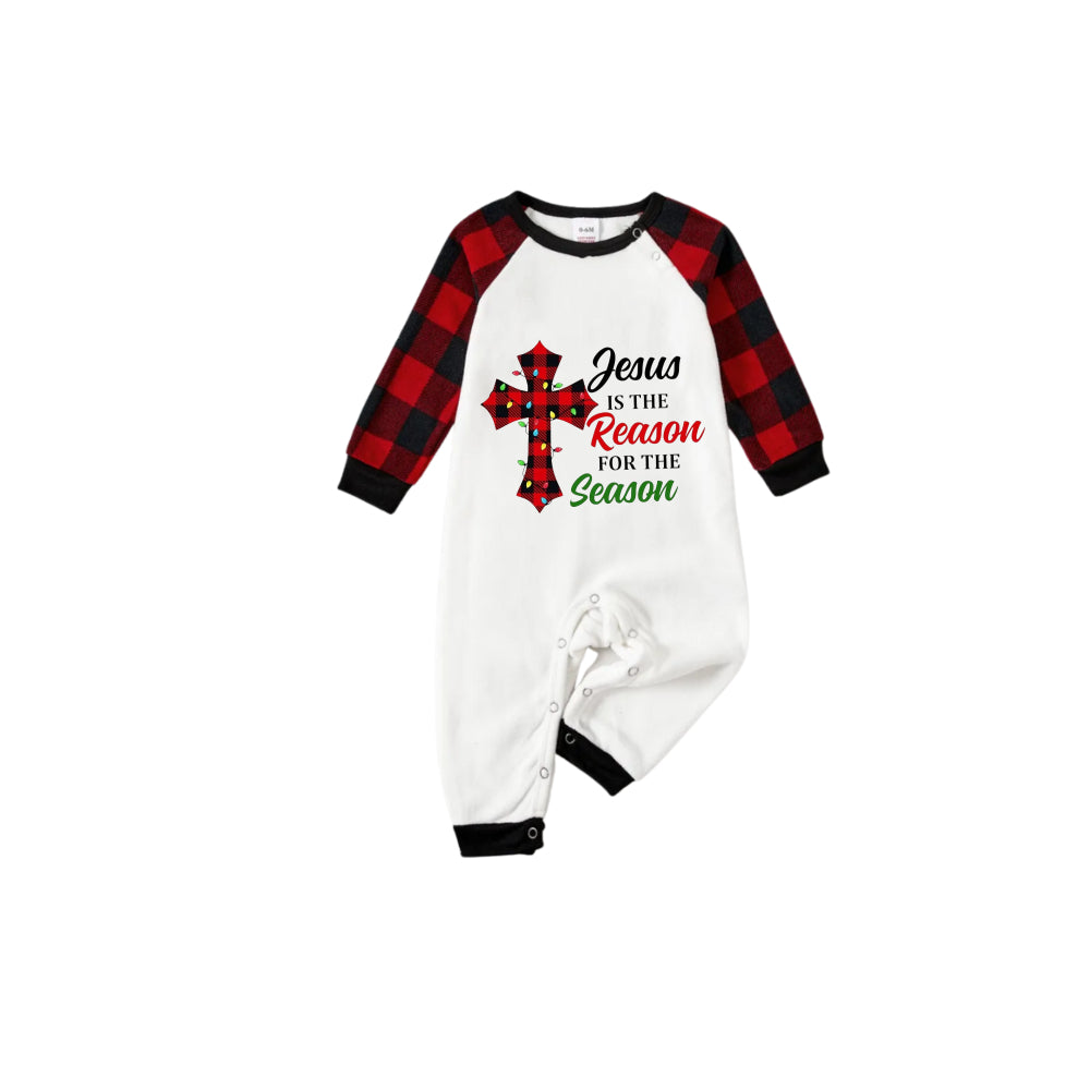 Red and Black Plaid Christmas Pajamas Set With "Jesus Is The Reason For The Season" Slogan Print