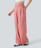 Mid Rise Wide Leg Casual Linen-Feel Pants with Pockets