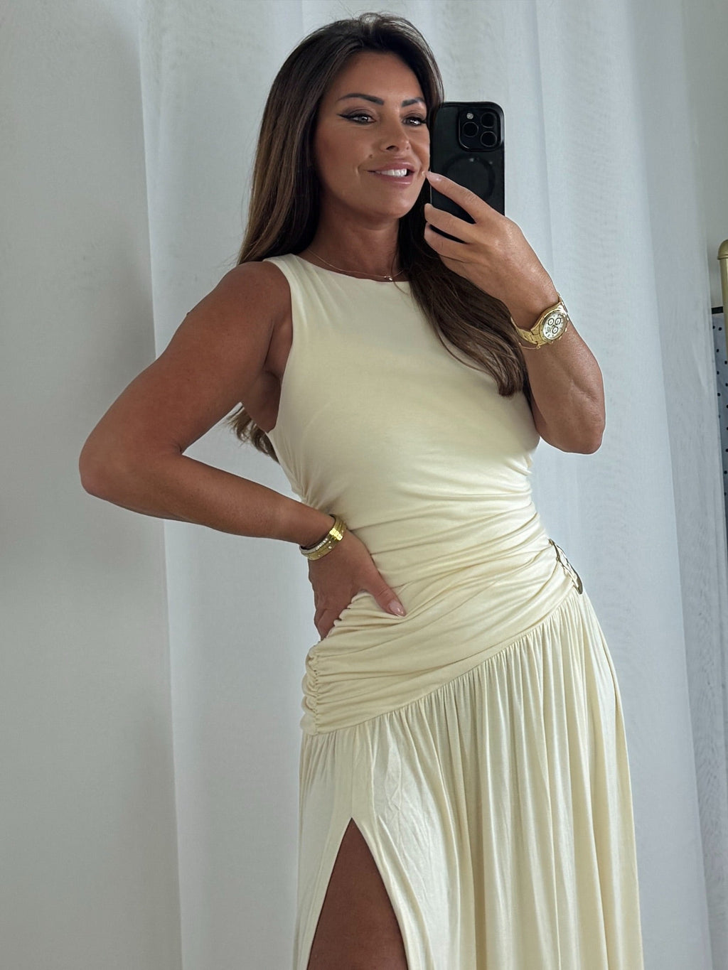 Round Neck Ruched Gold Buckle Side Split Maxi Dress (6 Colours)
