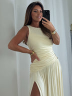 Round Neck Ruched Gold Buckle Side Split Maxi Dress (6 Colours)