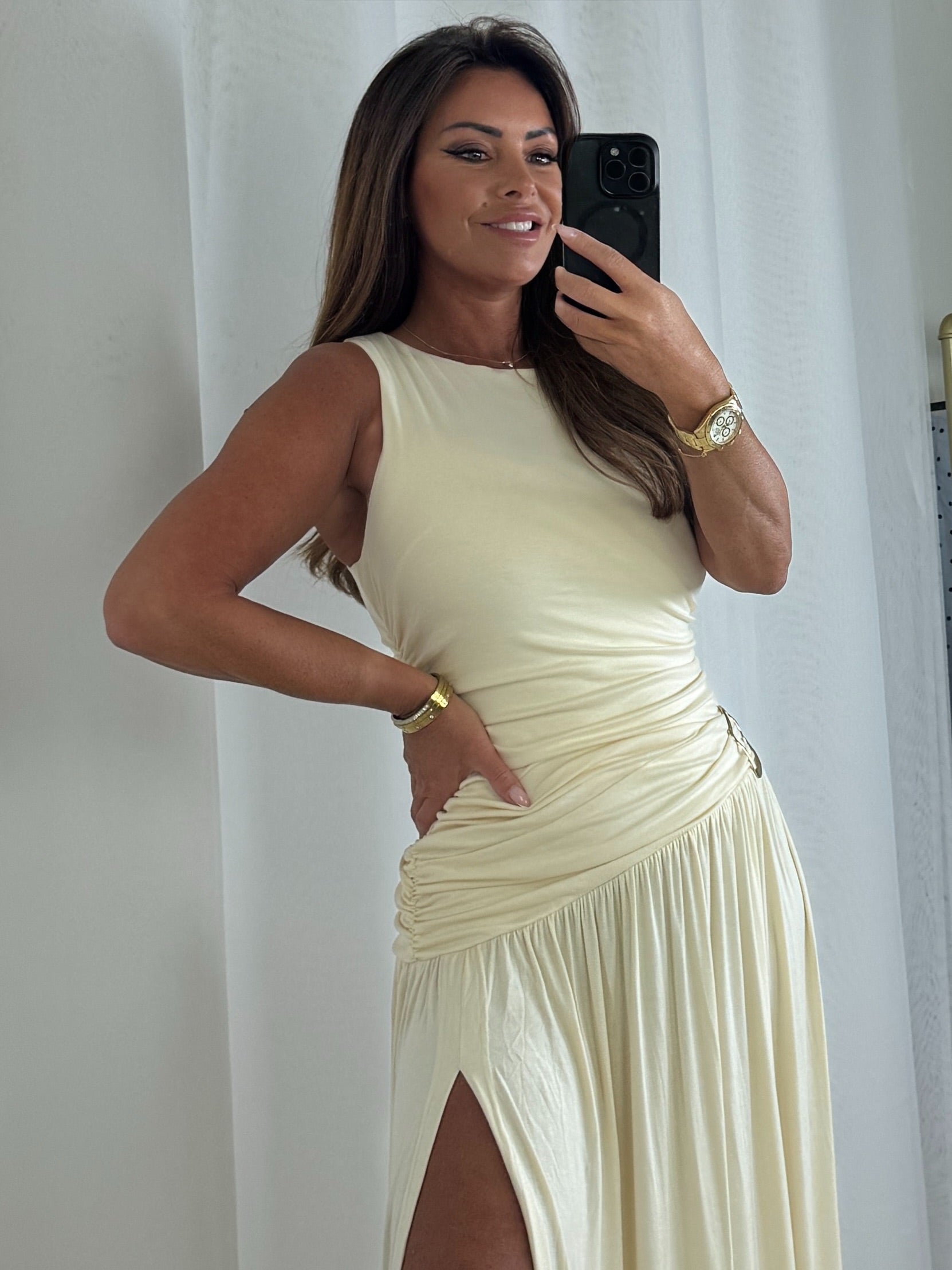Round Neck Ruched Gold Buckle Side Split Maxi Dress (6 Colours)