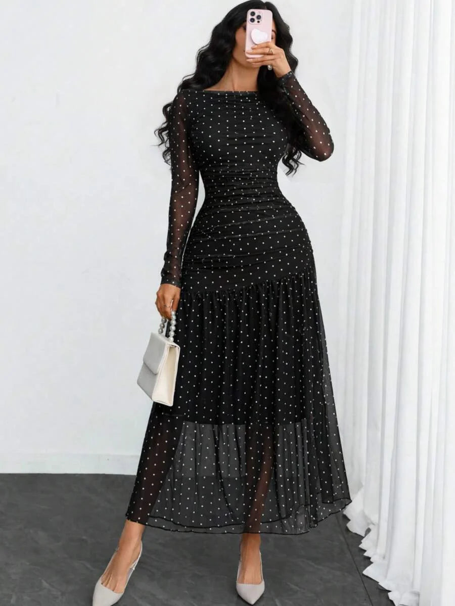 Women's Gothic Sexy Elegant Modern Contrast Stripe Asymmetrical Ruffle Waist Double-Layer Mesh Long Sleeve Dress, Suitable For Dates, Vacations And Daily Commute Spring