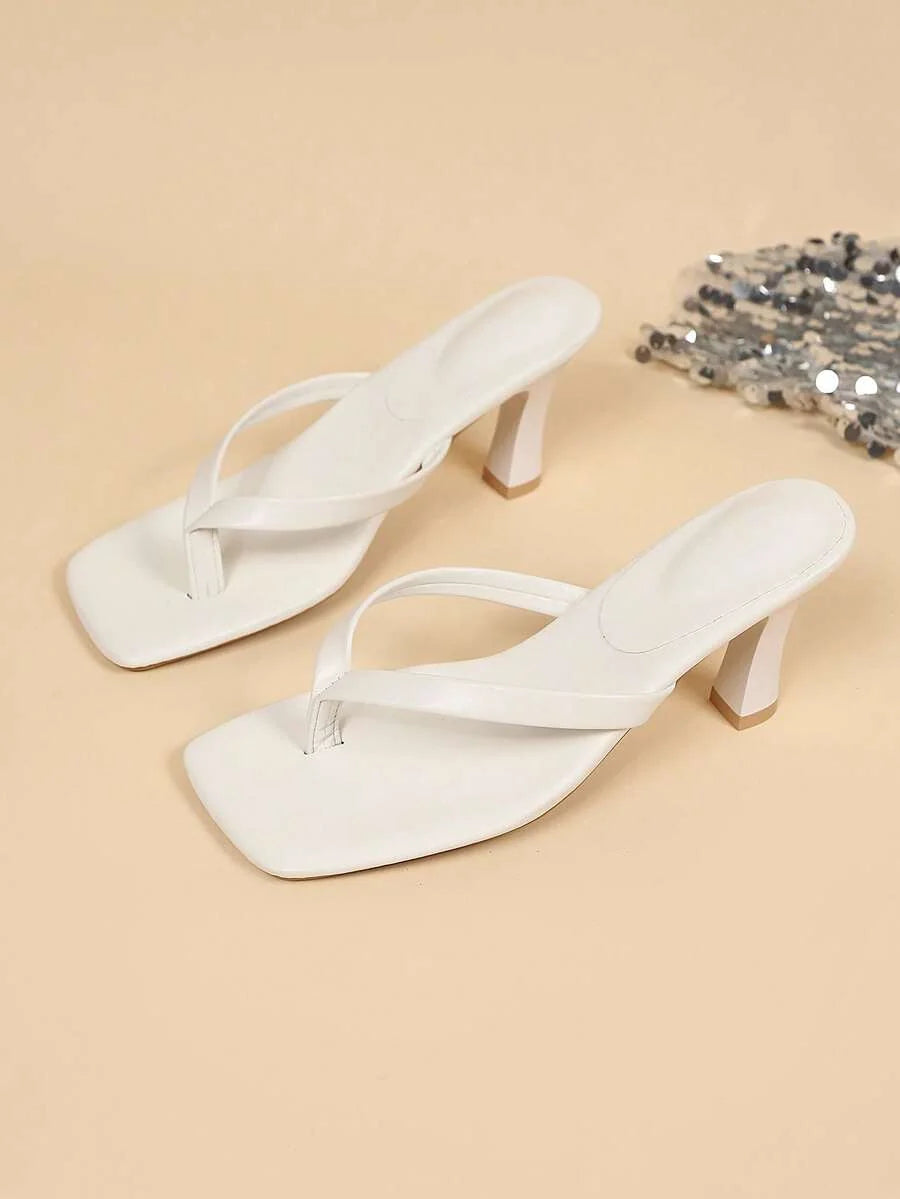 Square Toe Wide Foot Thong Sandals With Thin Heel, Versatile Outdoor Wear Thin Heel Thong Flip Flops For Women, Chic & Elegant