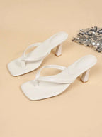 Square Toe Wide Foot Thong Sandals With Thin Heel, Versatile Outdoor Wear Thin Heel Thong Flip Flops For Women, Chic & Elegant