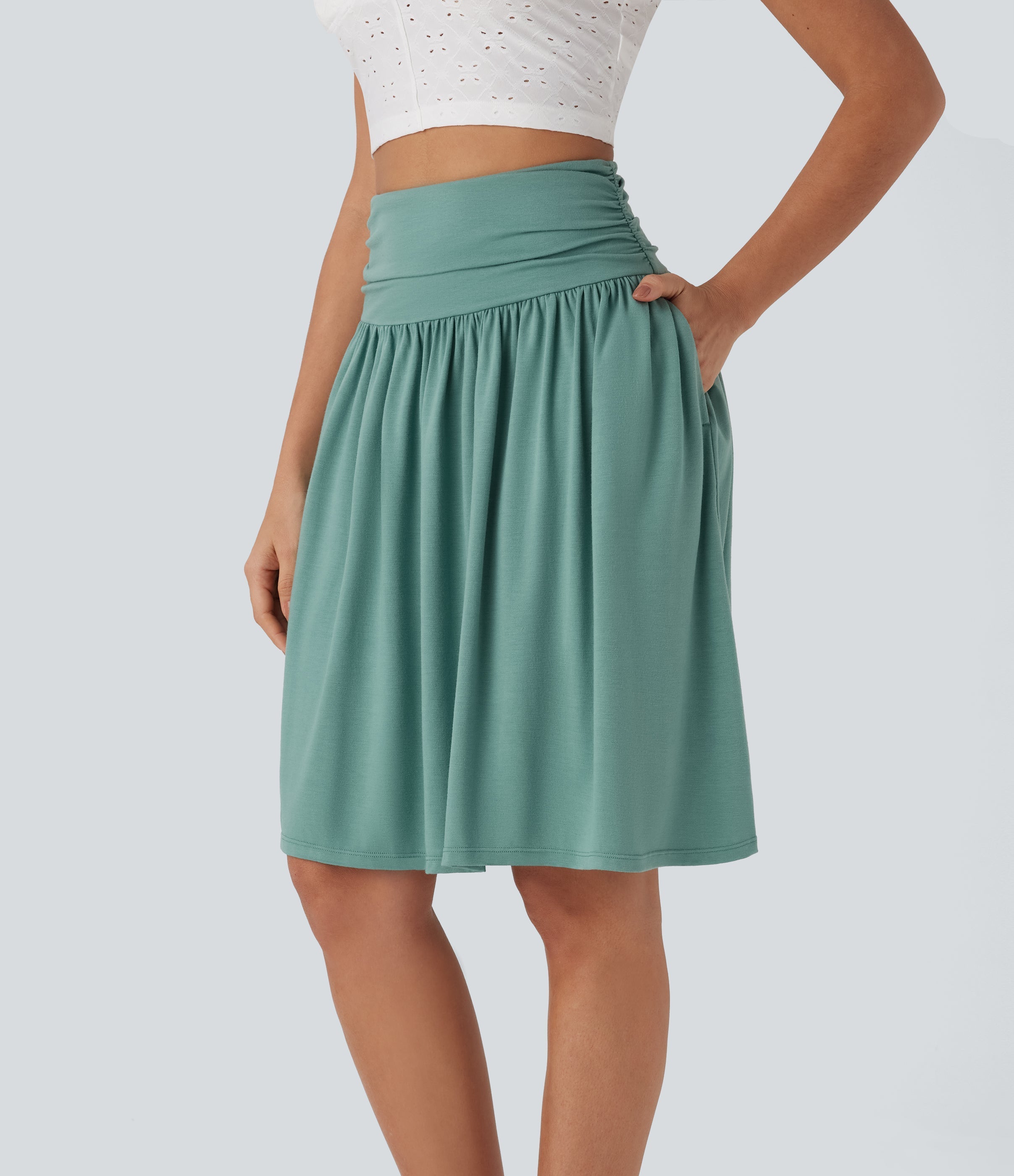 High Waisted Ruched Pocket Flowy Skirt