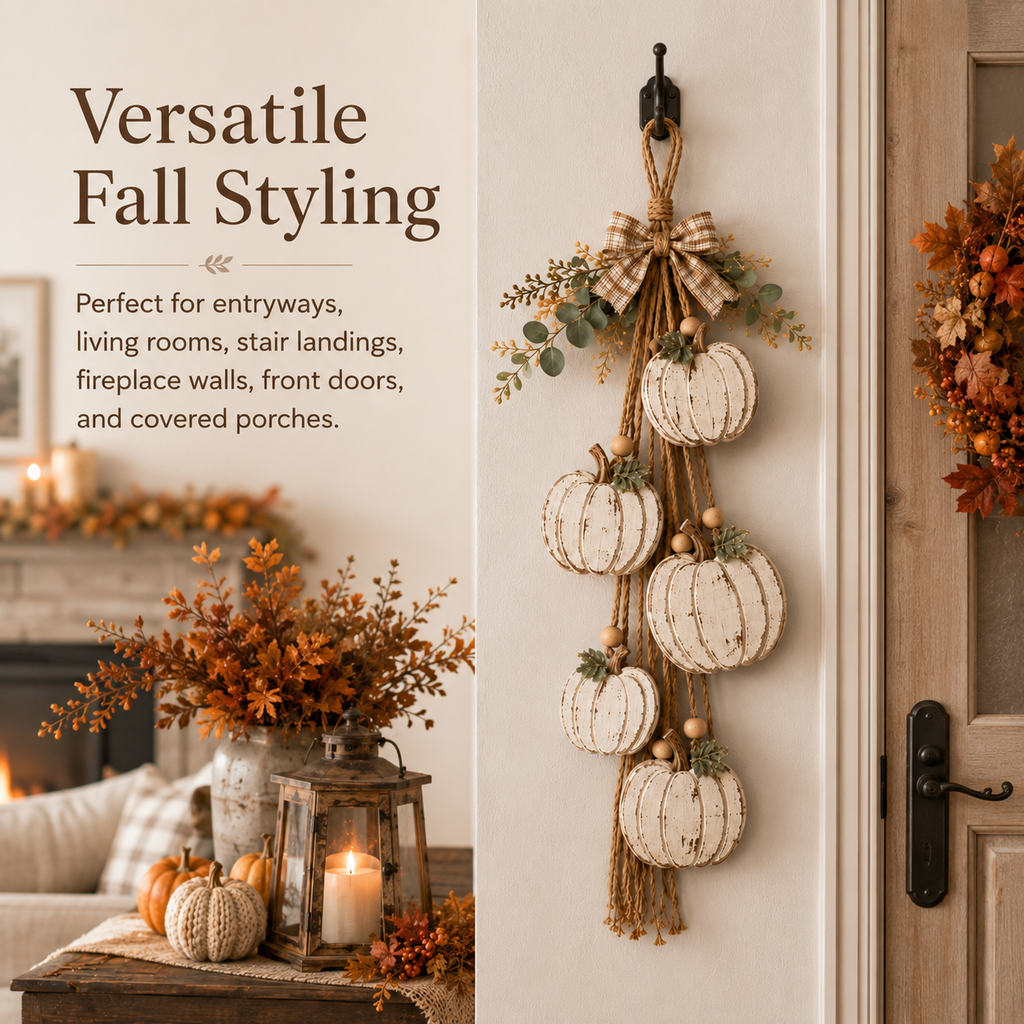5-Pumpkin Rustic White Hanging Swag – Fall Door & Wall Decor