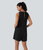Round Neck Sleeveless Casual Jumpsuit with Pockets