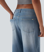 FlexTM Asymmetric Low Rise Zipper Pockets Baggy Wide Leg Washed Casual Jeans