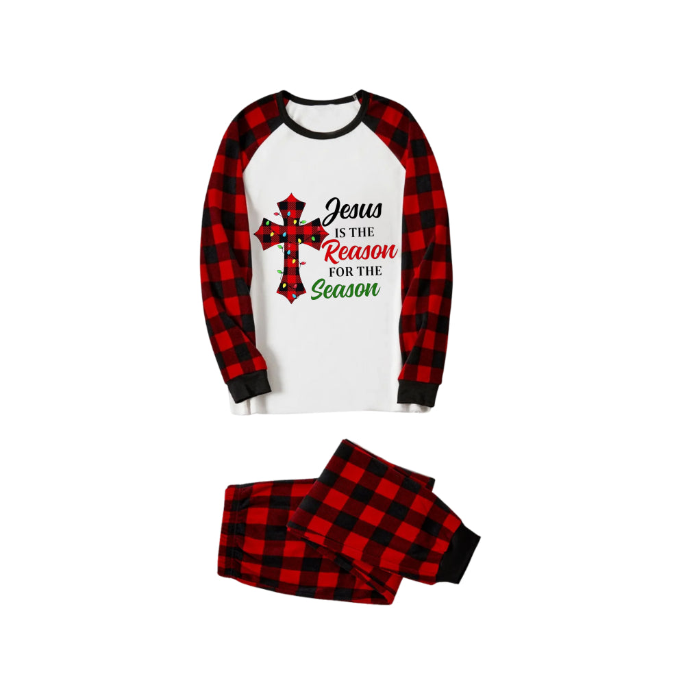 Red and Black Plaid Christmas Pajamas Set With "Jesus Is The Reason For The Season" Slogan Print