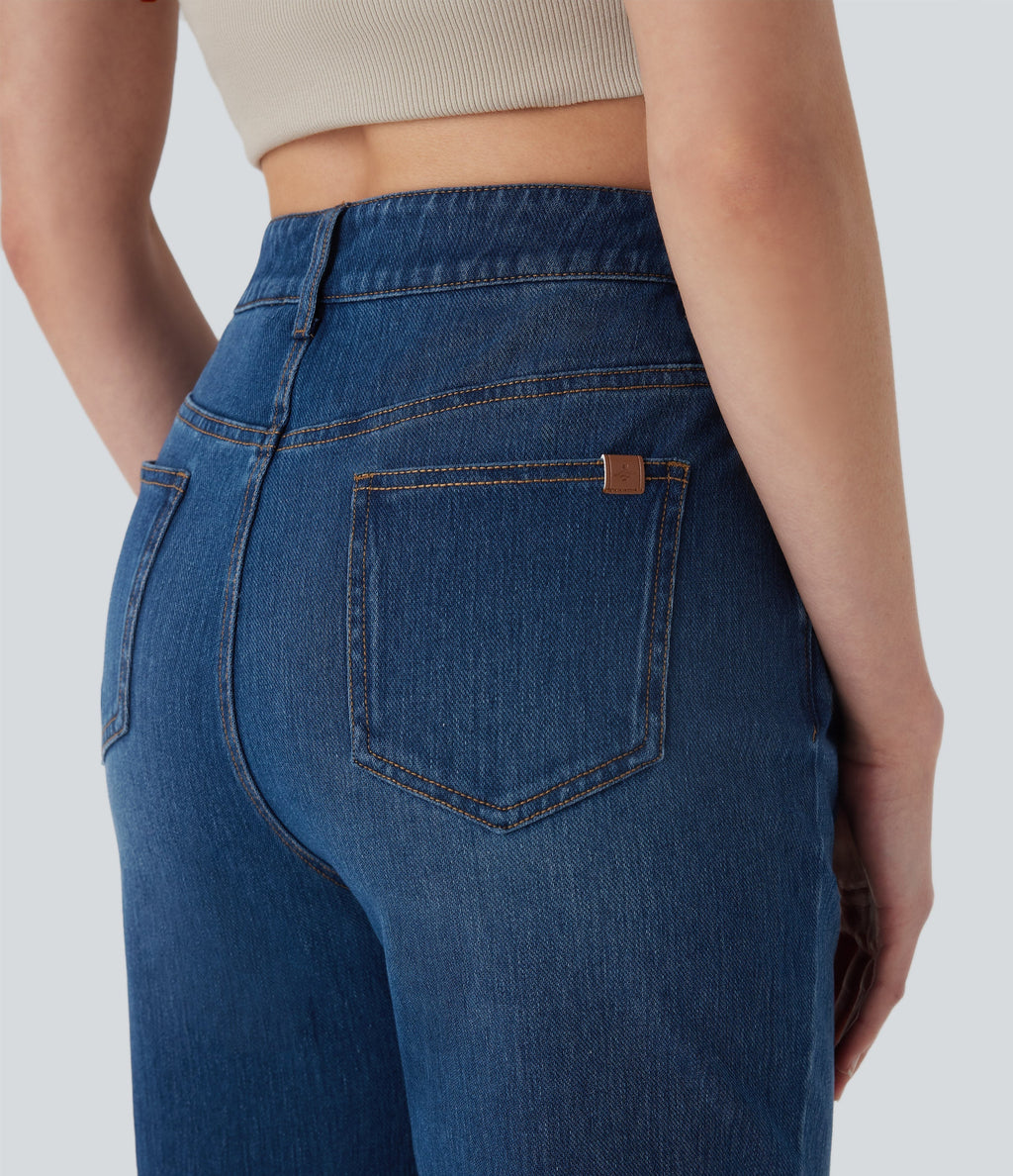 FlexTM Mid Rise Straight Leg Washed Casual Jeans with Pockets