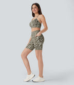 SoCinched High Waisted Tummy Control Zebra Print Training Biker Shorts 7'' with Pockets