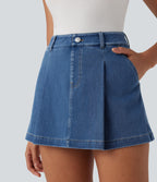 FlexTM High Waisted 2-in-1 Washed Stretchy Knit Denim Casual A-line Skort with Pockets