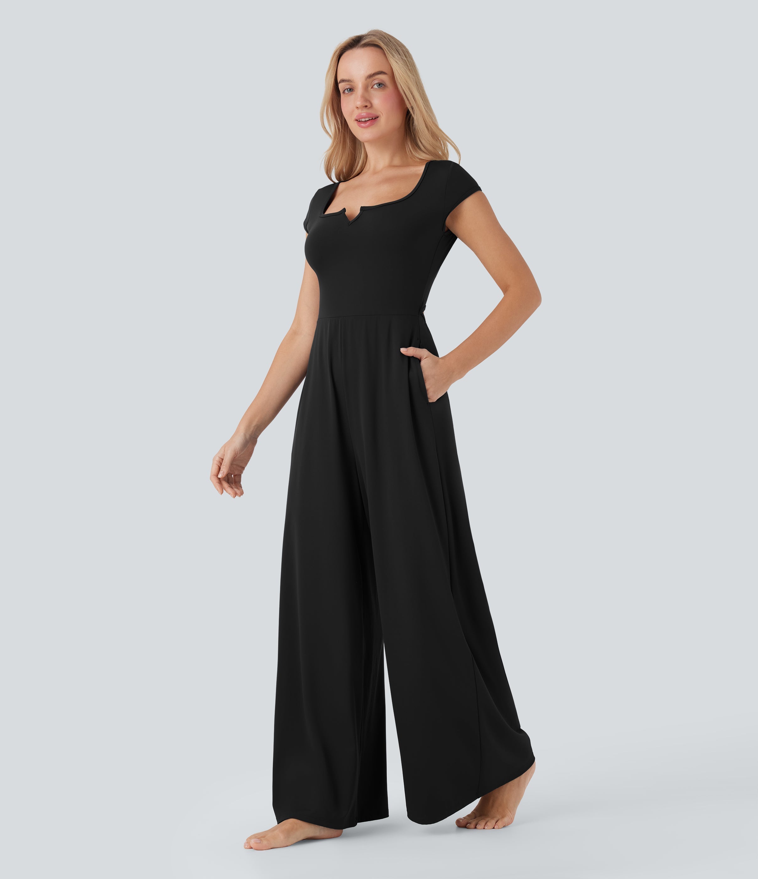 SoftlyZeroTM Airy Short Sleeve Wide Leg Cool Touch Yoga Jumpsuit with Pockets-Easy Peezy Edition
