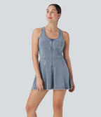 FlexTM Racerback Sleeveless Half Zipper Mini Washed Denim Casual Dress