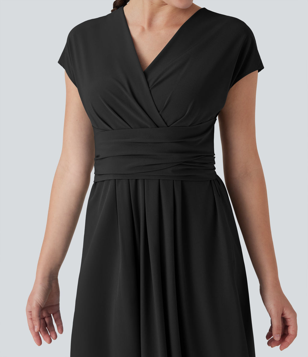 BreezefulTM V Neck Short Sleeve Pocket Tie Back Quick Dry Midi Casual Dress