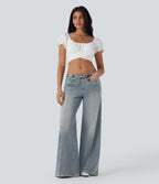 FlexTM Low Rise Drawstring Washed Casual Baggy Jeans with Pockets