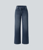 FlexTM Asymmetric Low Rise Zipper Pockets Baggy Wide Leg Washed Casual Jeans
