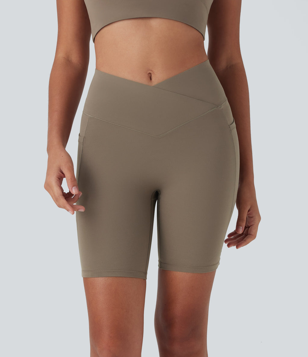 UltraSculptTM High Waisted Crossover Tummy Control Butt Lifting Yoga Biker Shorts 7'' with Pockets