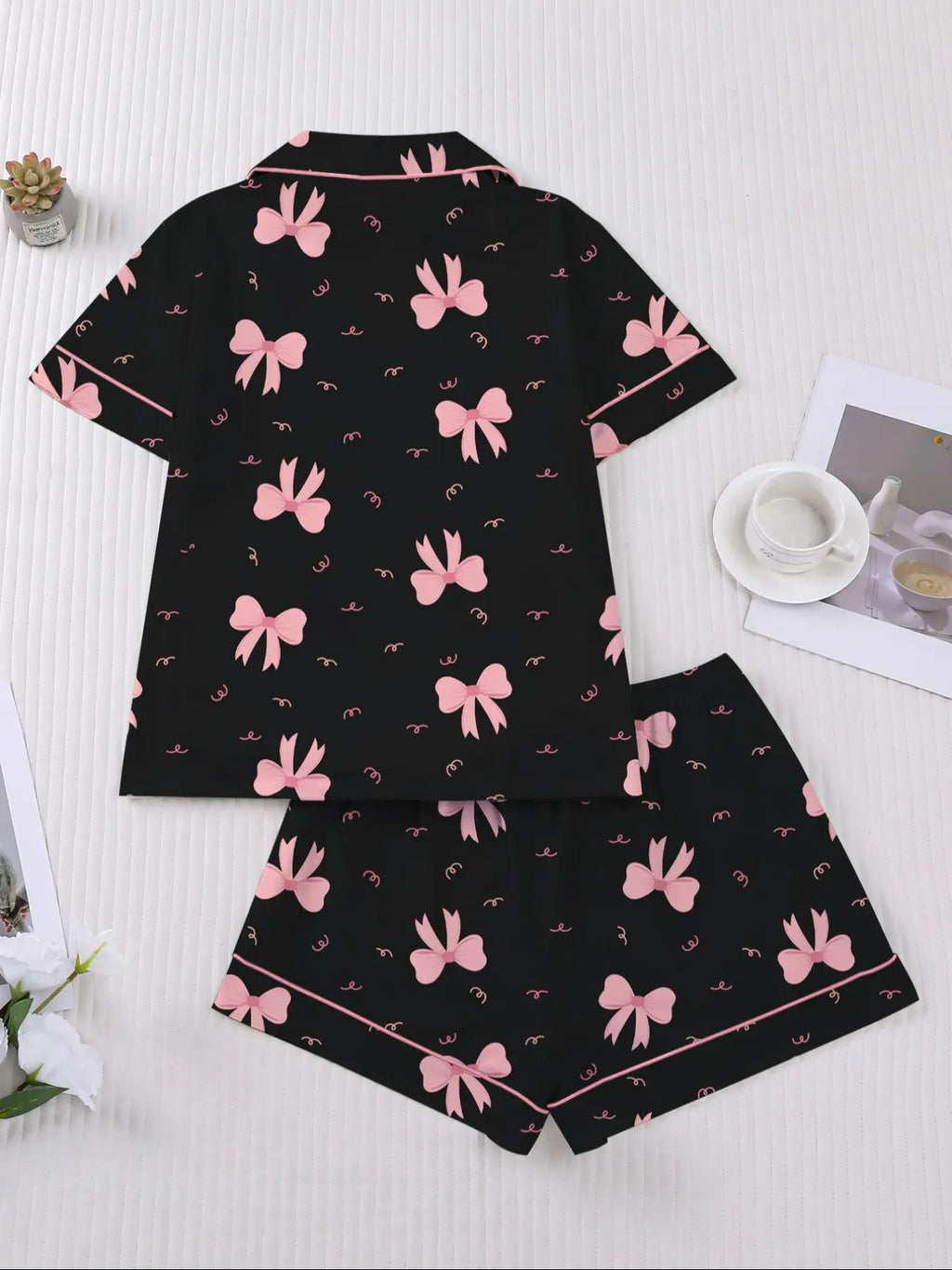 Women's Valentine's Day Sleepwear Set, Bow Print Pajamas