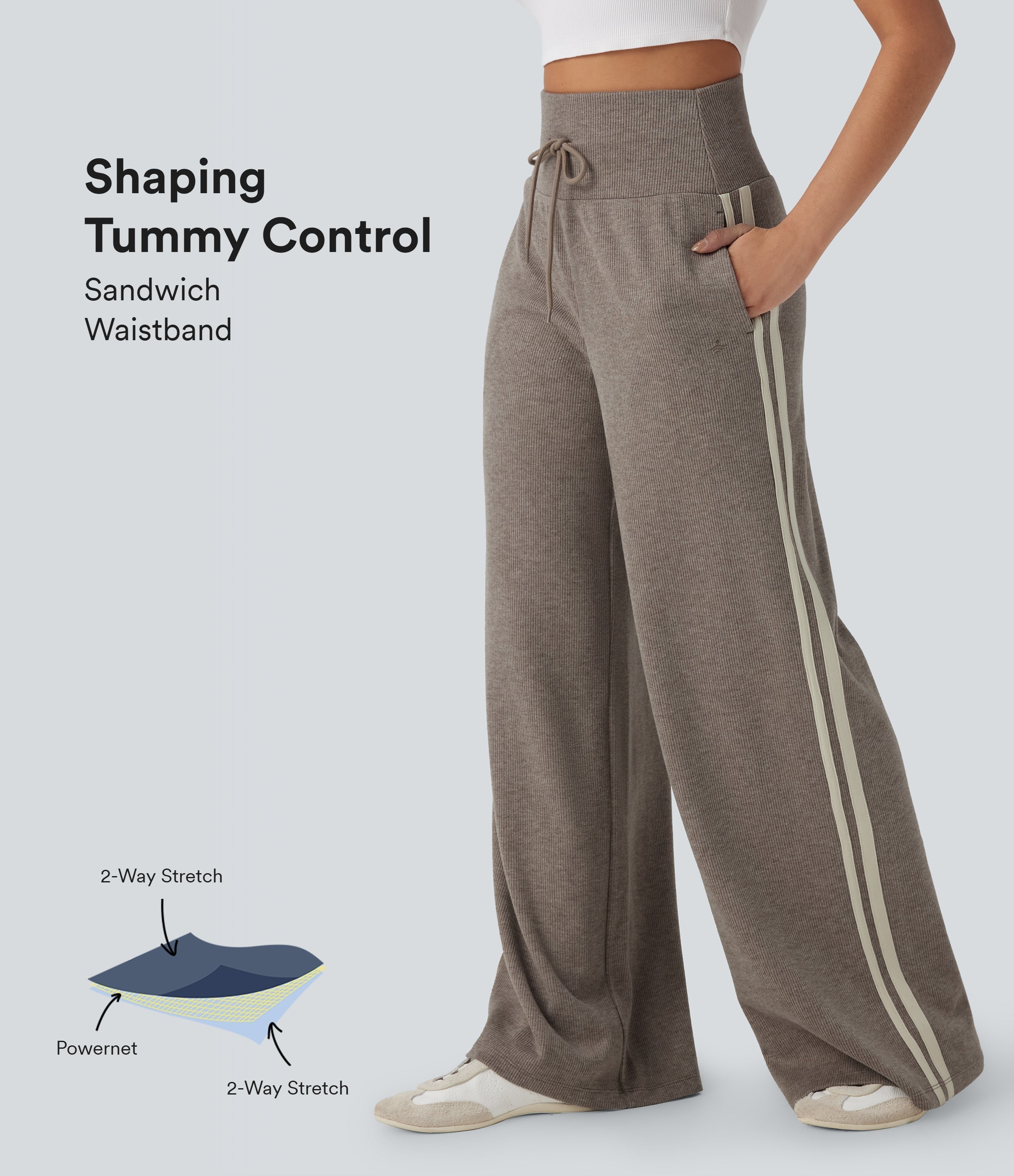 2026🔥 Ribbed SoCinched High Waisted Tummy Control Drawstring Wide Leg Color Block Casual Trousers with Pockets