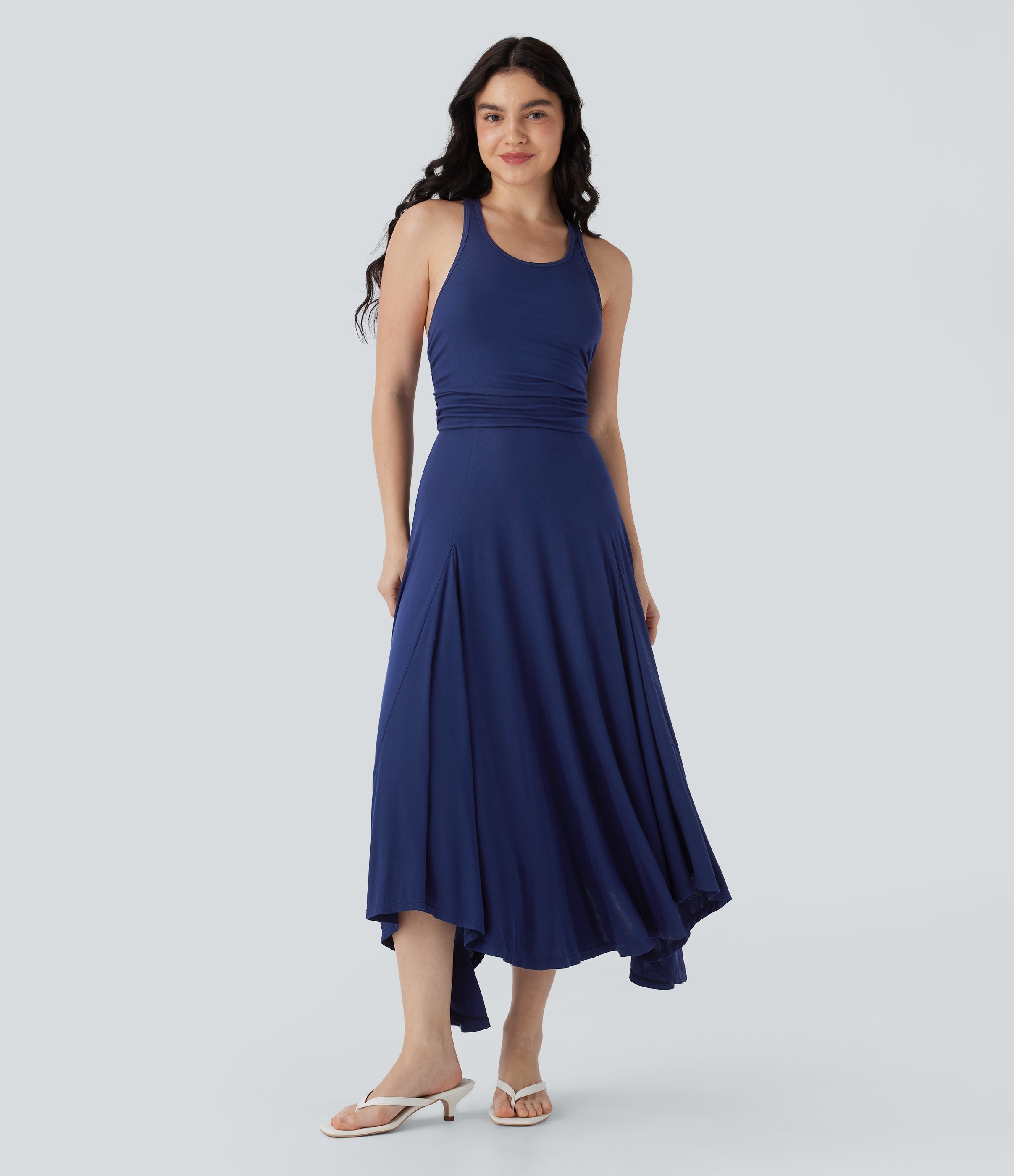 Ruched Asymmetric Hem Flowy Maxi Casual Dress