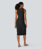 Sleeveless Keyhole-Back Belted Midi Work Dress