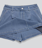 FlexTM High Waisted 2-in-1 Washed Stretchy Knit Denim Casual A-line Skort with Pockets