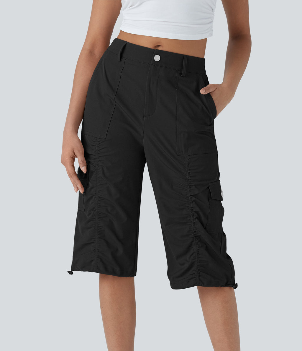 Mid-Rise Ruched Cargo Quick-Dry Casual Pedal Pusher Pants with Pockets