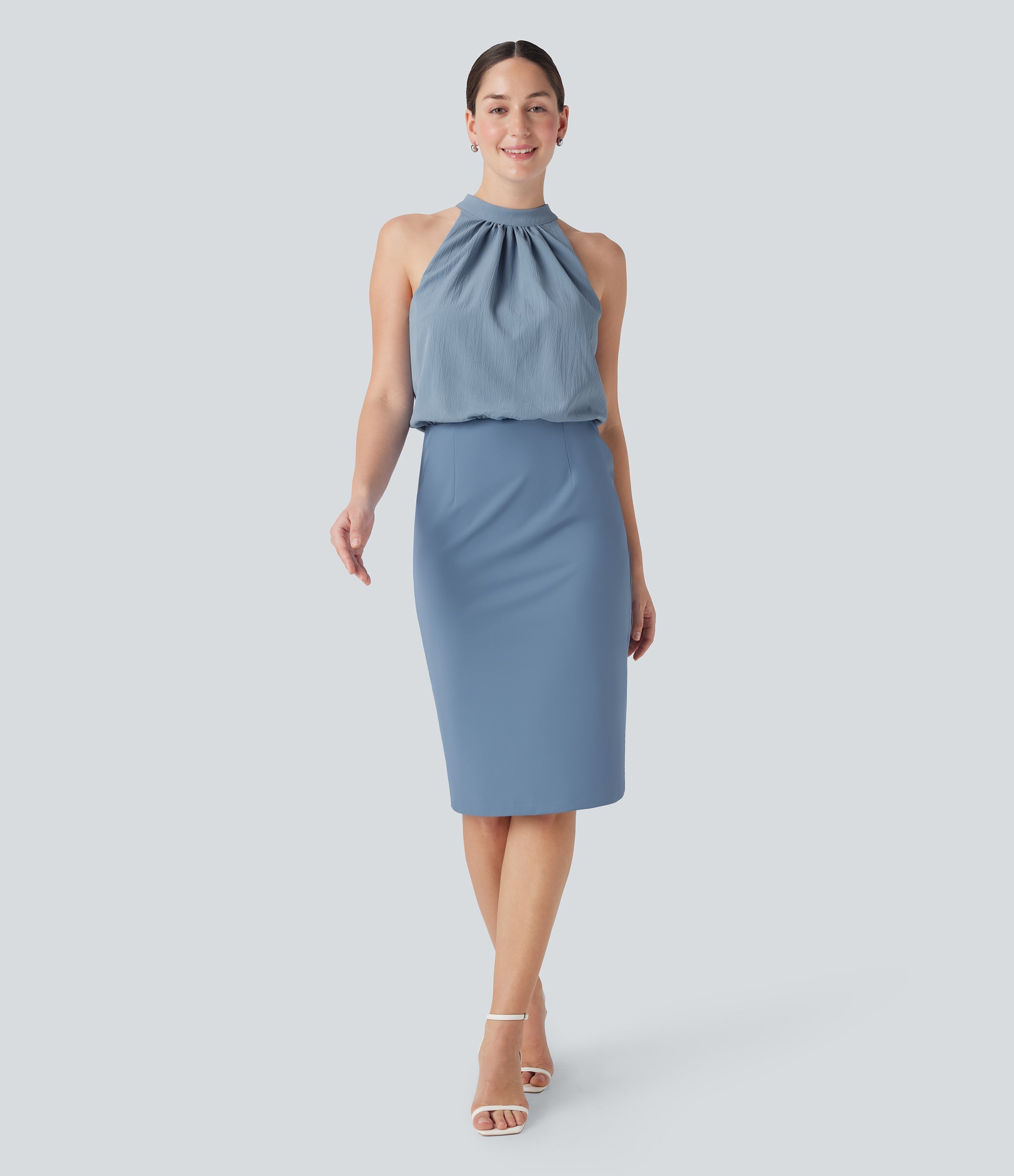 SoftlyZeroTM Airy Halter Tie Back Cool Touch Midi Work Dress with Pockets-UPF50+