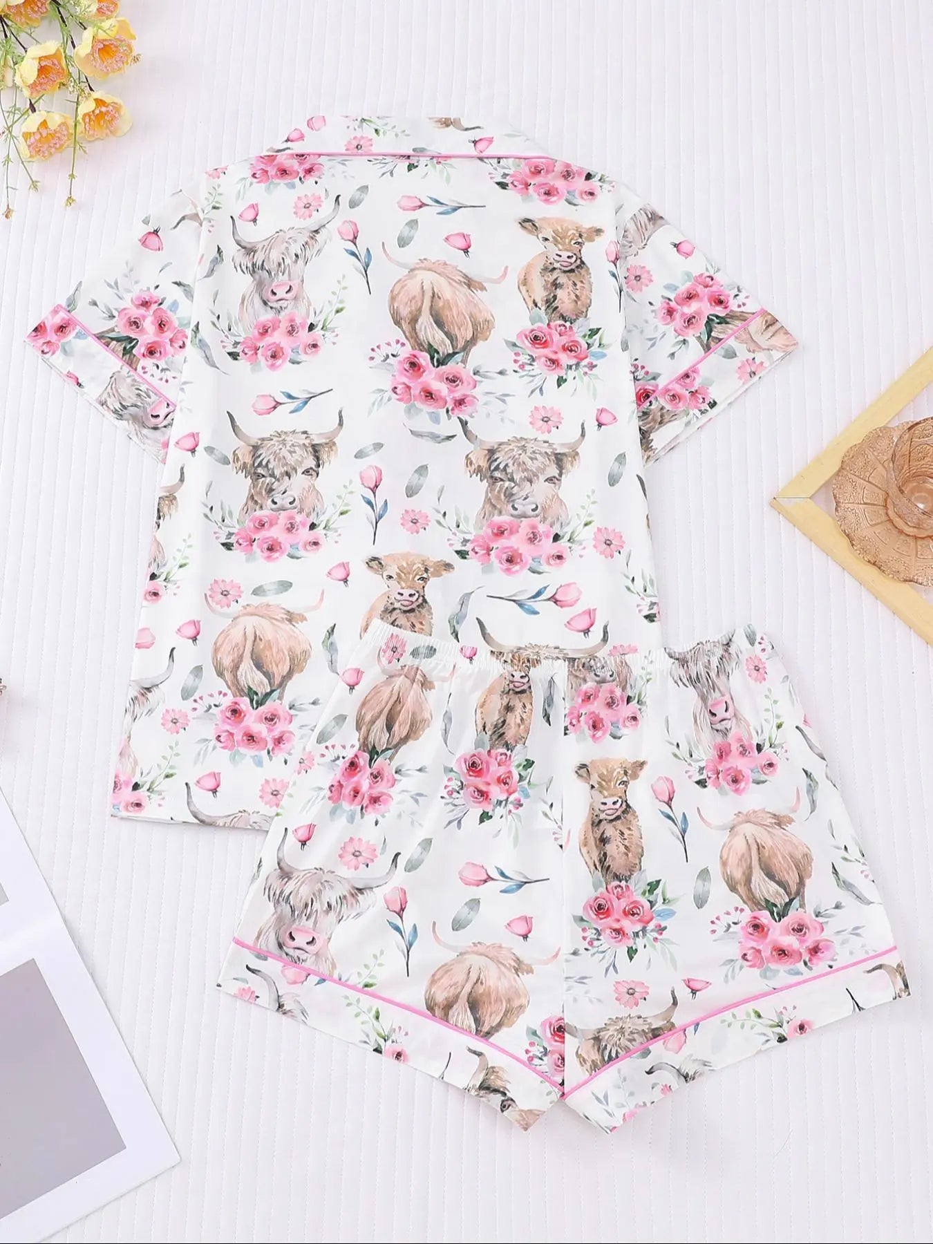 Women's All-Over Cow-Print Contrast-Trim Shirt & Elastic-Waist Shorts Pajama Loungewear Set, Casual Comfy Short Sleeve Collared Top & Shorts PJ Two-Piece Set