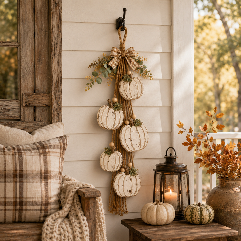 5-Pumpkin Rustic White Hanging Swag – Fall Door & Wall Decor