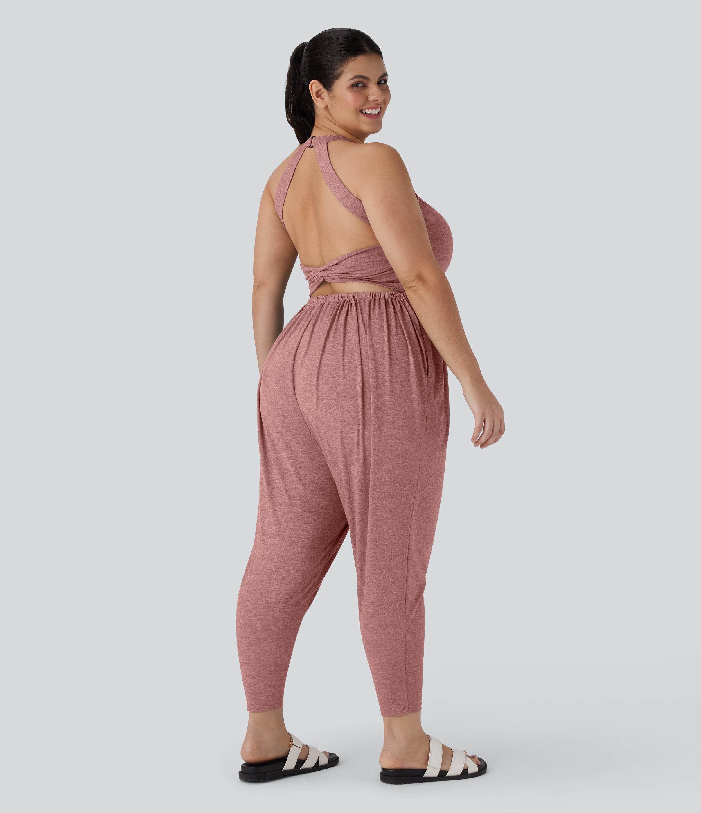 Backless Twisted Harem Casual Plus Size Jumpsuit with Side Pocket-Easy Peezy Edition