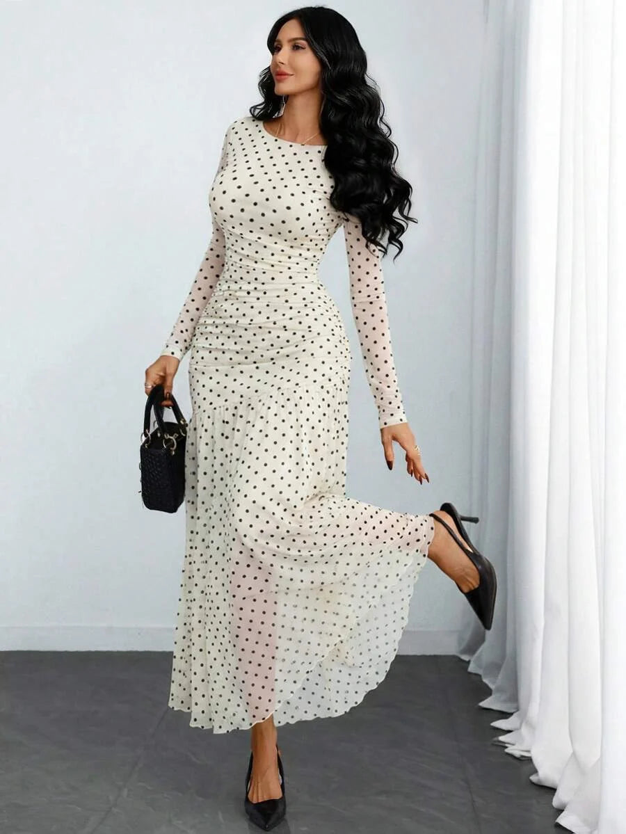 Women's Gothic Sexy Elegant Modern Contrast Stripe Asymmetrical Ruffle Waist Double-Layer Mesh Long Sleeve Dress, Suitable For Dates, Vacations And Daily Commute Spring