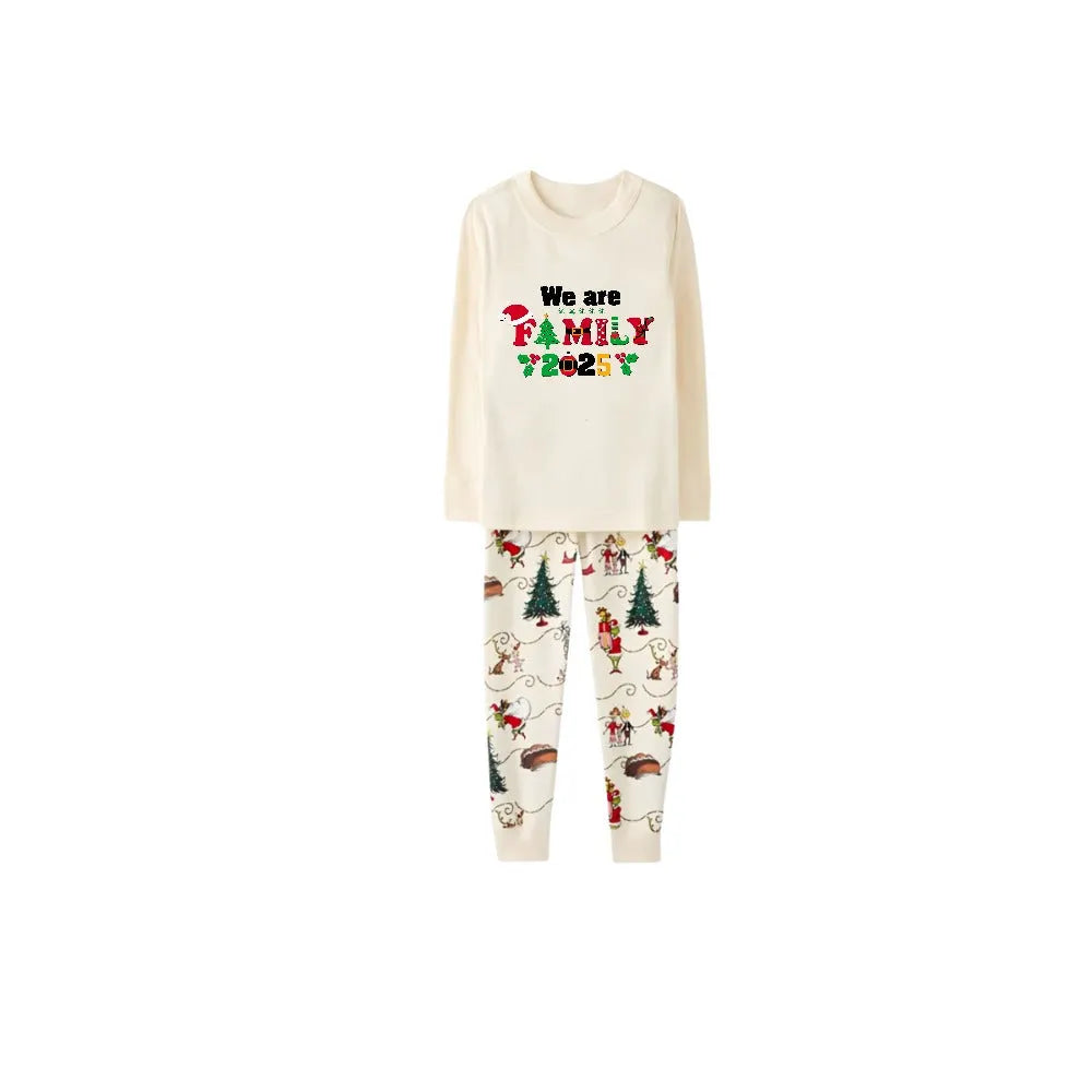 Beige Christmas Pattern Print Christmas Pajamas Set With "We are Family" Text Print