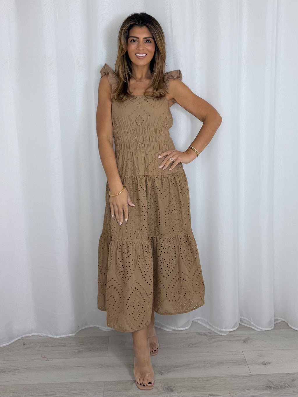 Taupe Laser Cut Out Frill Strap Midi Dress