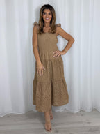 Taupe Laser Cut Out Frill Strap Midi Dress