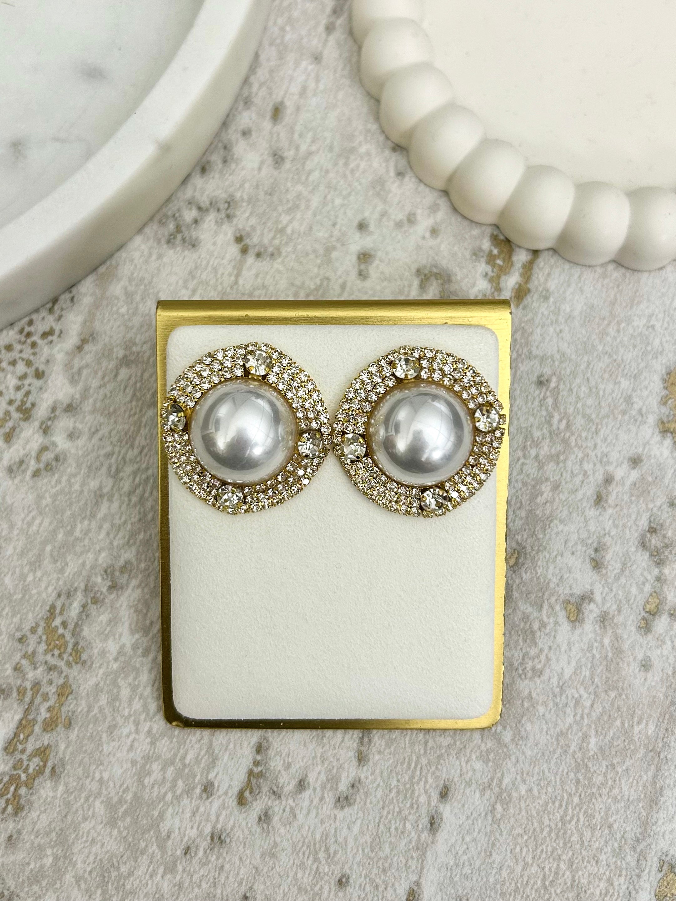 Round Pearl Diamante Trim Stud Earrings (2 Colours)