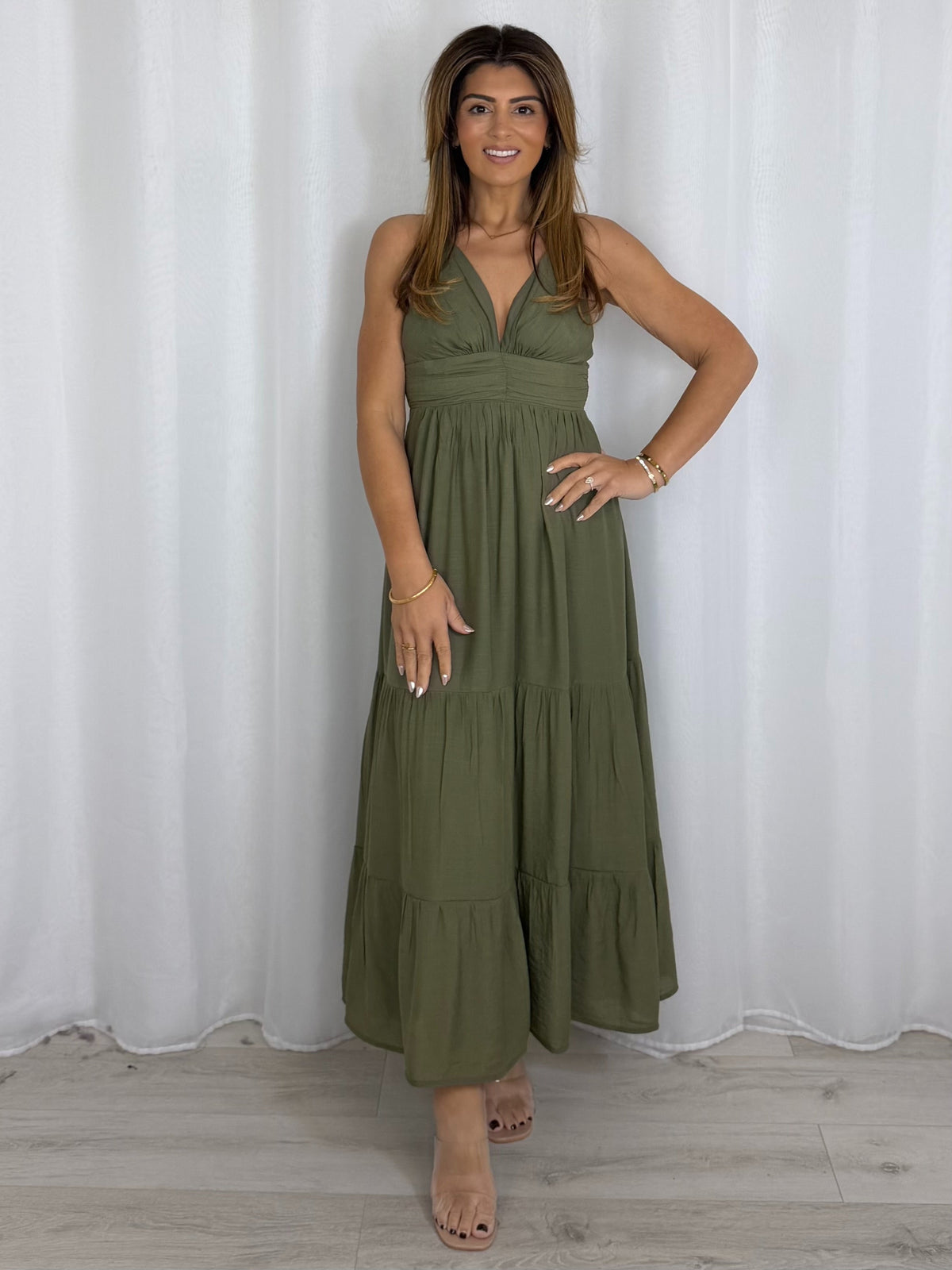 Open Back Tiered Skirt V-Neck Dress (4 Colours)