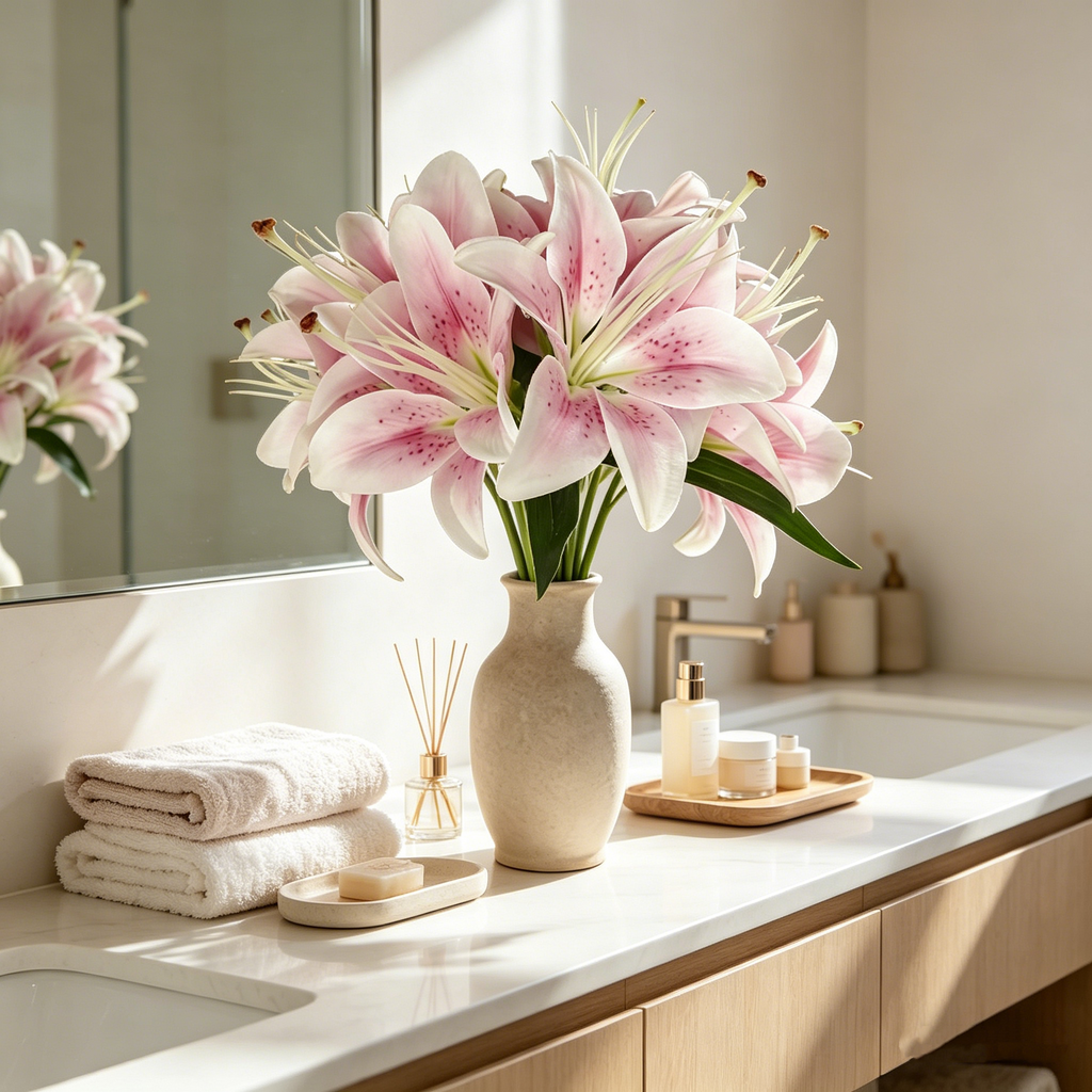 6-Head Faux Pink Lily Bouquet for Elegant Home Decor