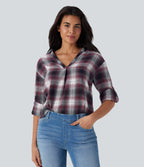 V Neck Curved Hem Plaid Casual Blouse