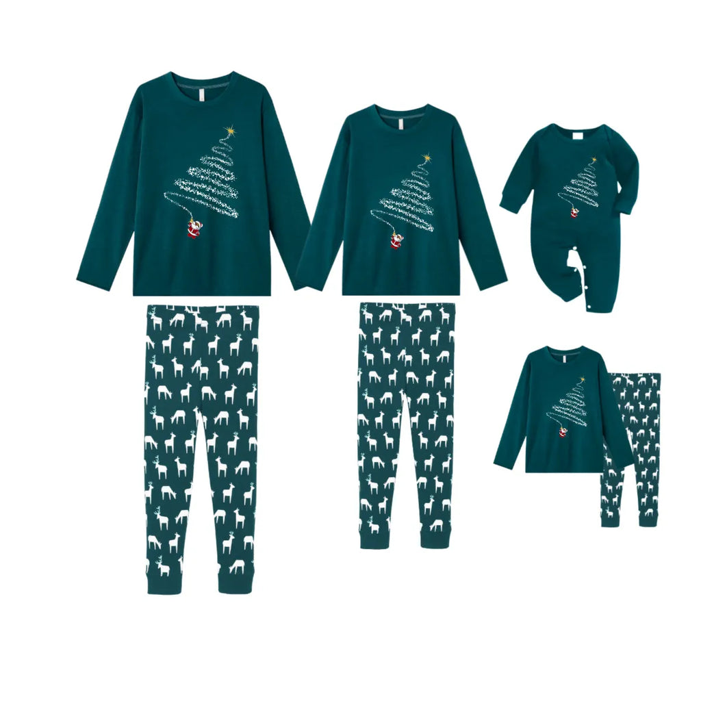 Christmas Family Matching Pajamas-Dark Green&Deer Patterned Pjs Set with Christmas Tree & Santa Pattern Print