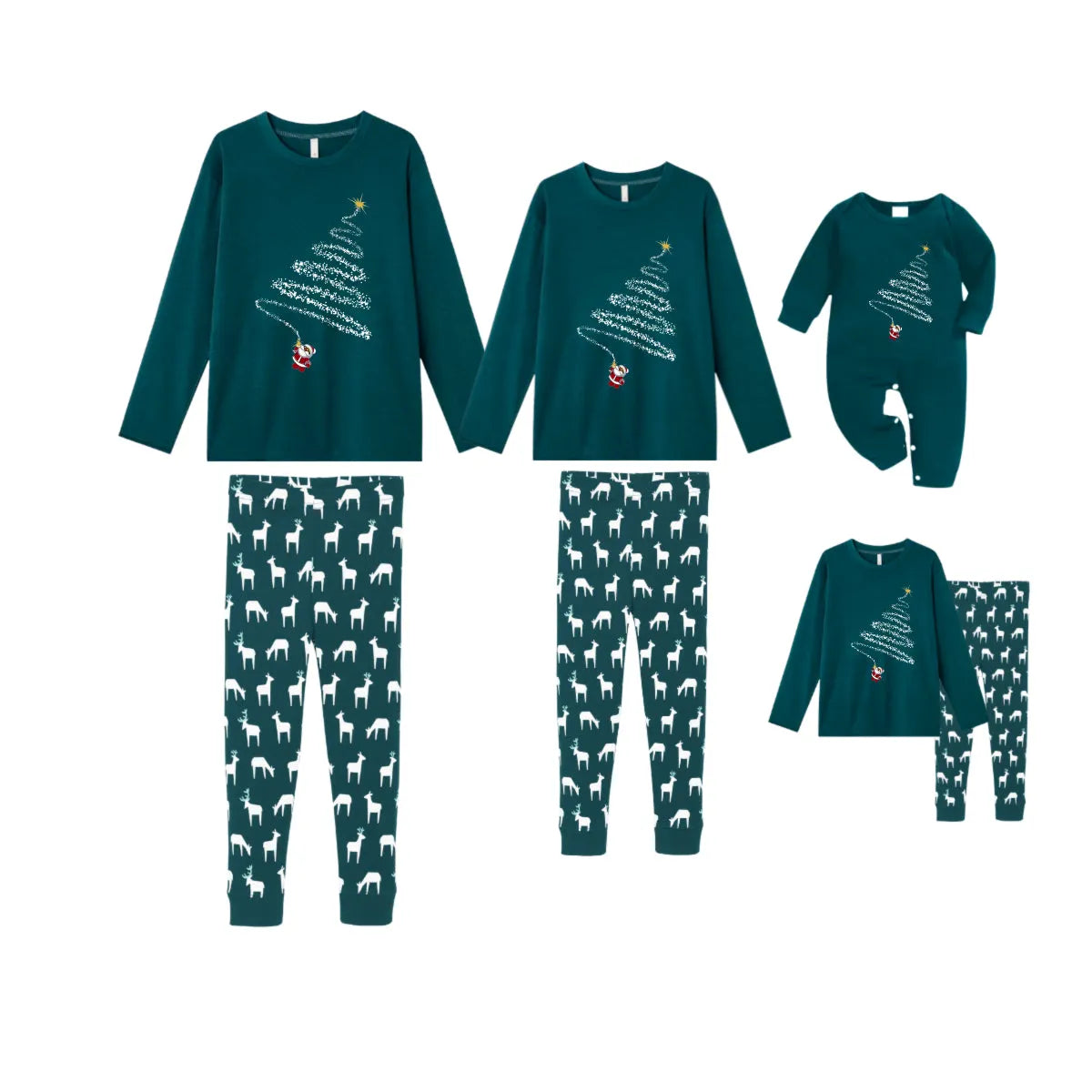 Christmas Family Matching Pajamas-Dark Green&Deer Patterned Pjs Set with Christmas Tree & Santa Pattern Print
