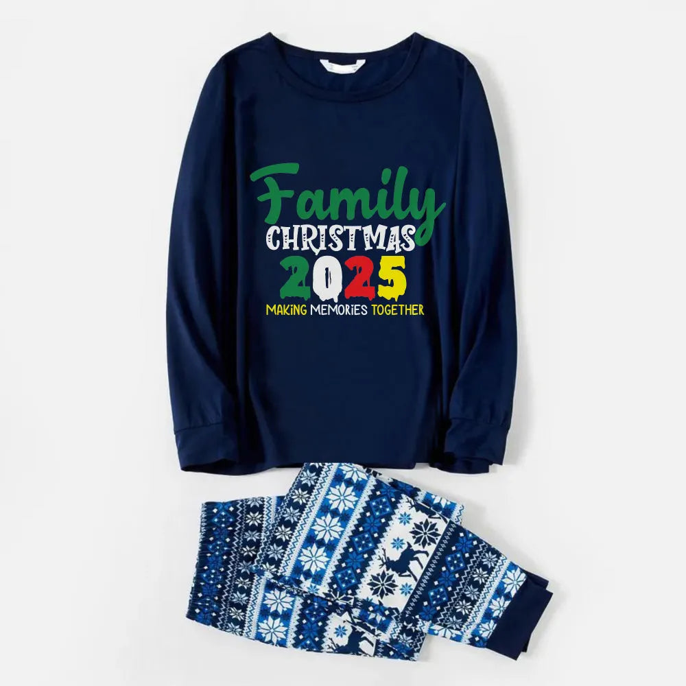Joyful Blue Christmas Pajamas Set  With 2025 Family Christmas Phrases