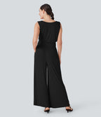 Ribbed Cowl Neck Sleeveless Wide Leg Casual Jumpsuit with Pockets